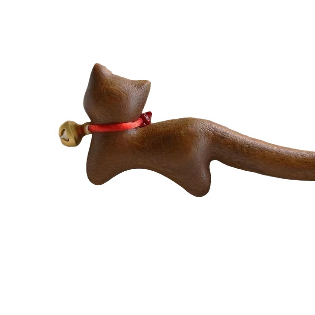 Ancient Style Hairpin:Golden Silk Sandalwood Hair Stick With Bell,Cat,And Unique Faucet Design