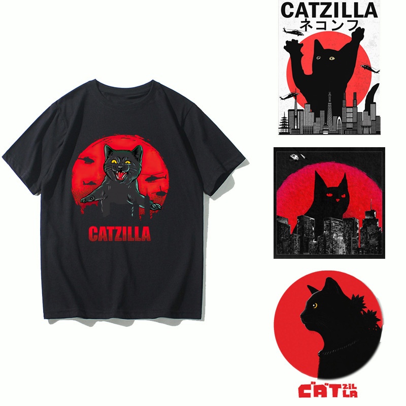 Catzilla T-shirt For Men Japanese Retro Catzilla Cat Pattern Short-sleeved Godzilla Destruction Print Clothes