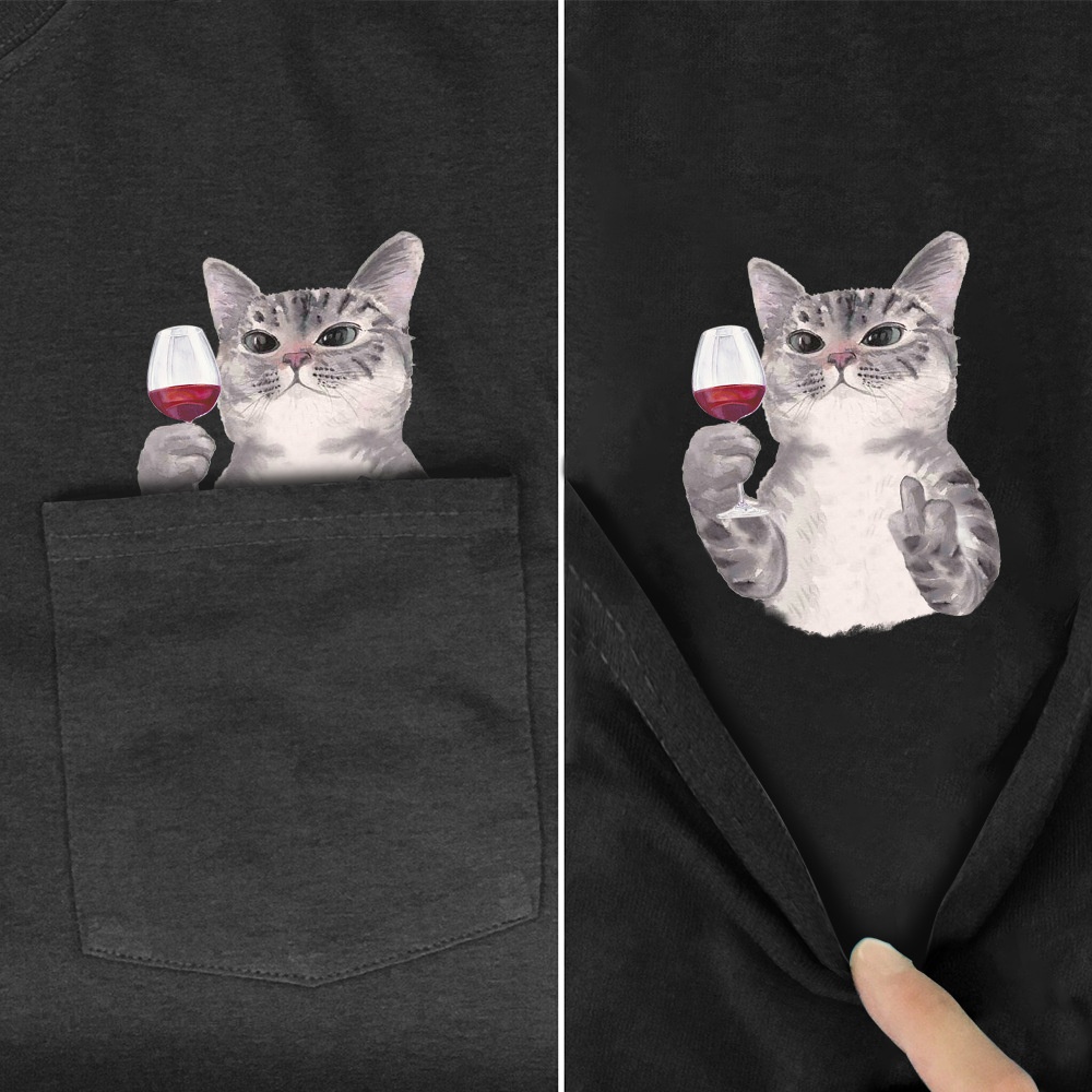 100%Cotton Short Sleeve Cat2 DDigital Pocket Printed T-Shirt Men's Round Neck Pullover Black Top
