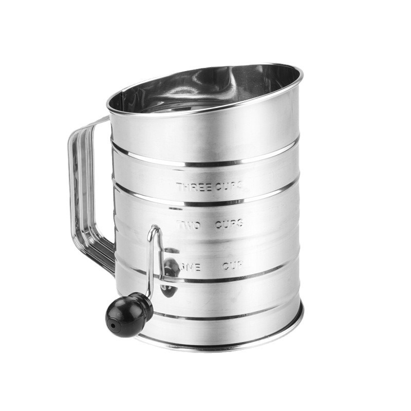 3cup Cup Flour Sieve With Stirring Ring Rotating Fine Mesh Manual Stainless Steel Cake Making Baking Sugar Powder