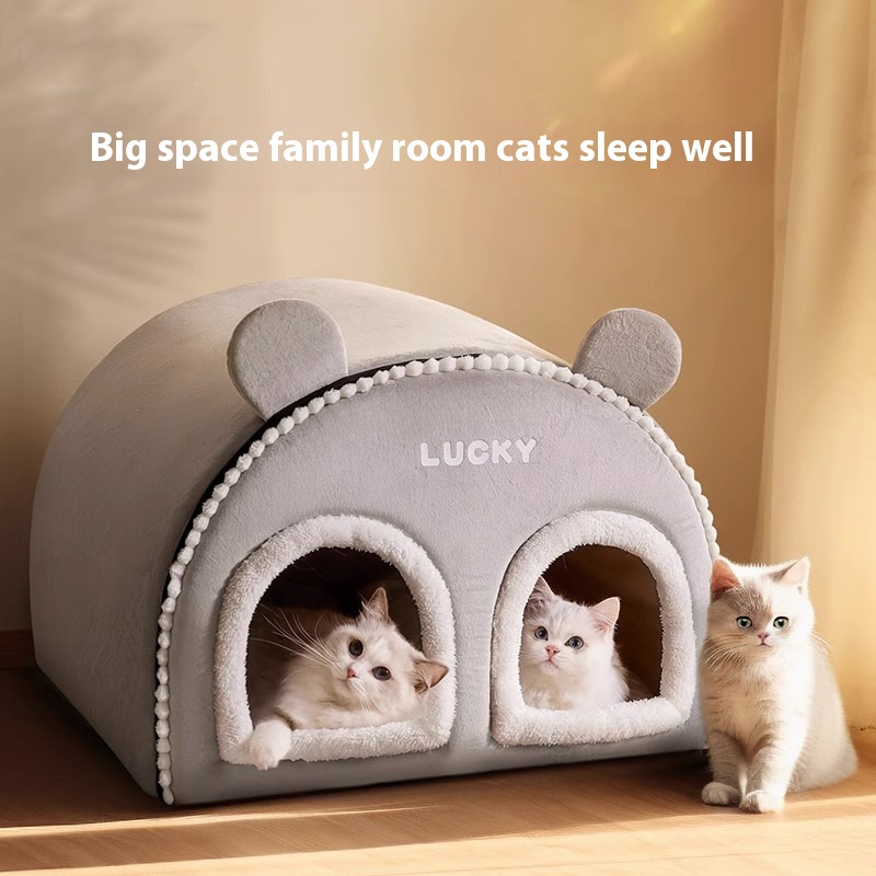 Winter Cat Bed Warm Thickened Semi-enclosed Multi-pet Family Kitten Adult Cat Large Space Cat Bed Dog Kennel Pet Bed Mat