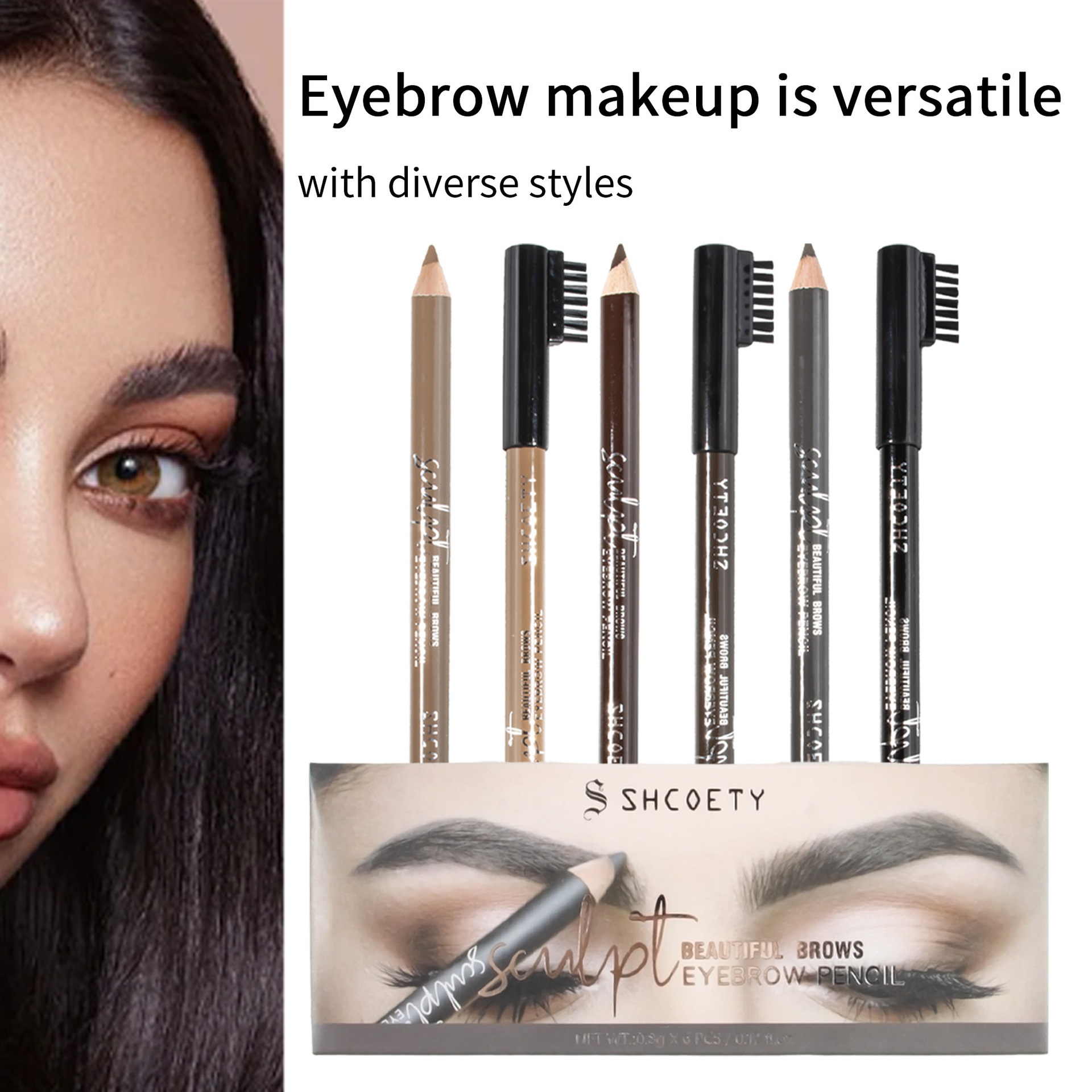 Eyebrow Pencil Set With Brush,Six-Color Wooden Eyebrow Pencils,Waterproof,Smudge-Proof,Fade-Resistant Makeup Pencils