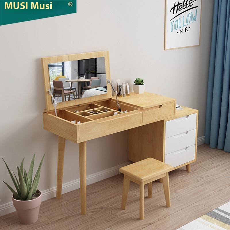 Nordic Solid Wood Dressing Table Bedroom Home Storage Net Celebrity Dressing Table Simple Modern Light Luxury Small Apartment Dressing Table