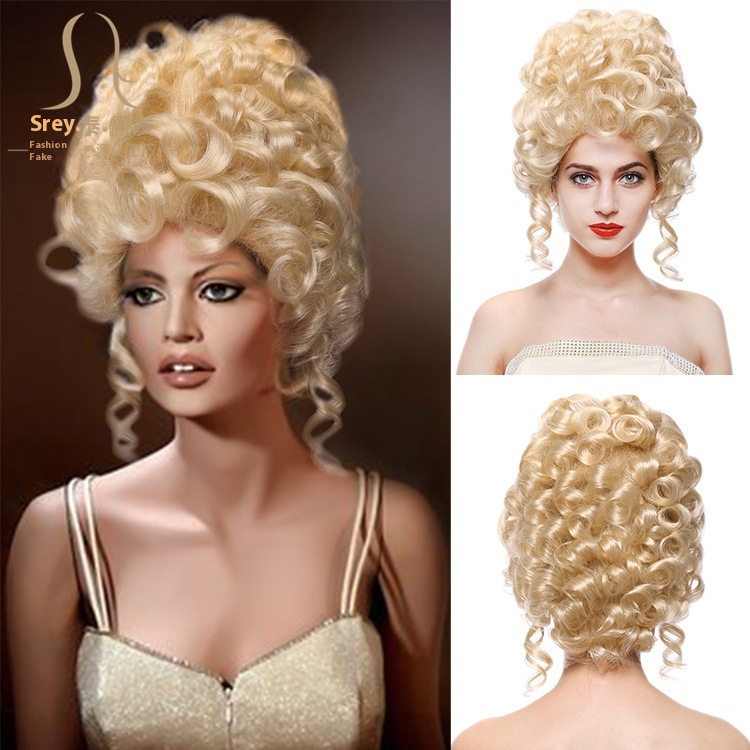 Golden Holiday Wig Cos Tall Hat Retro Female Court Medieval European Short Curly Headpiece Halloween