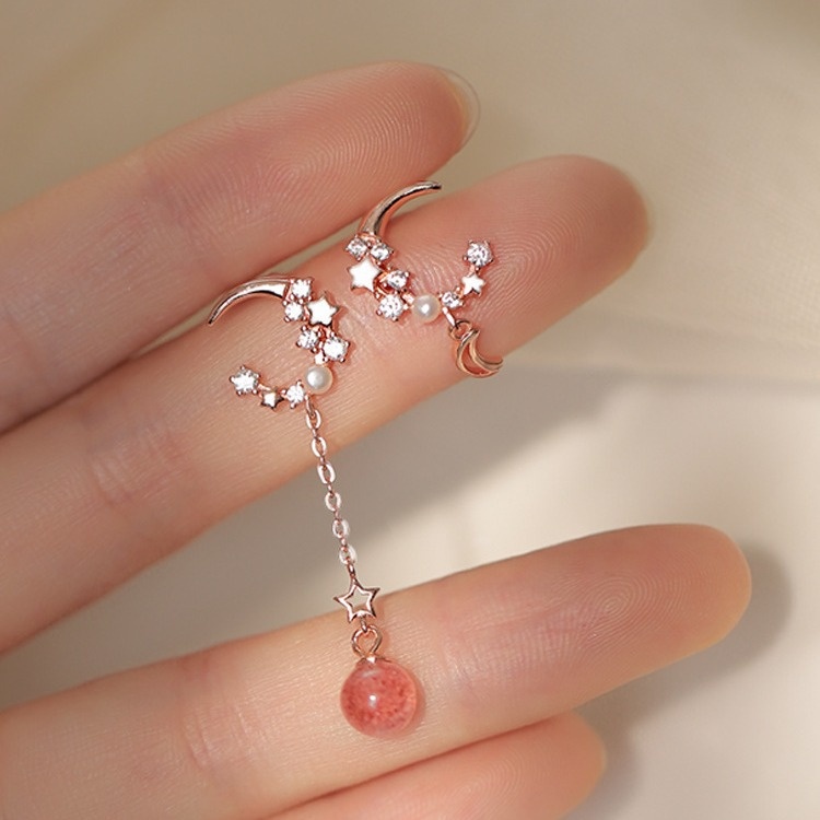 Tiqi Small Fresh Asymmetrical Imitation Pearl Earrings Flash Zirconium S925 Sterling Silver Star And Moon Earrings Female Freshwater Pearl Earrings