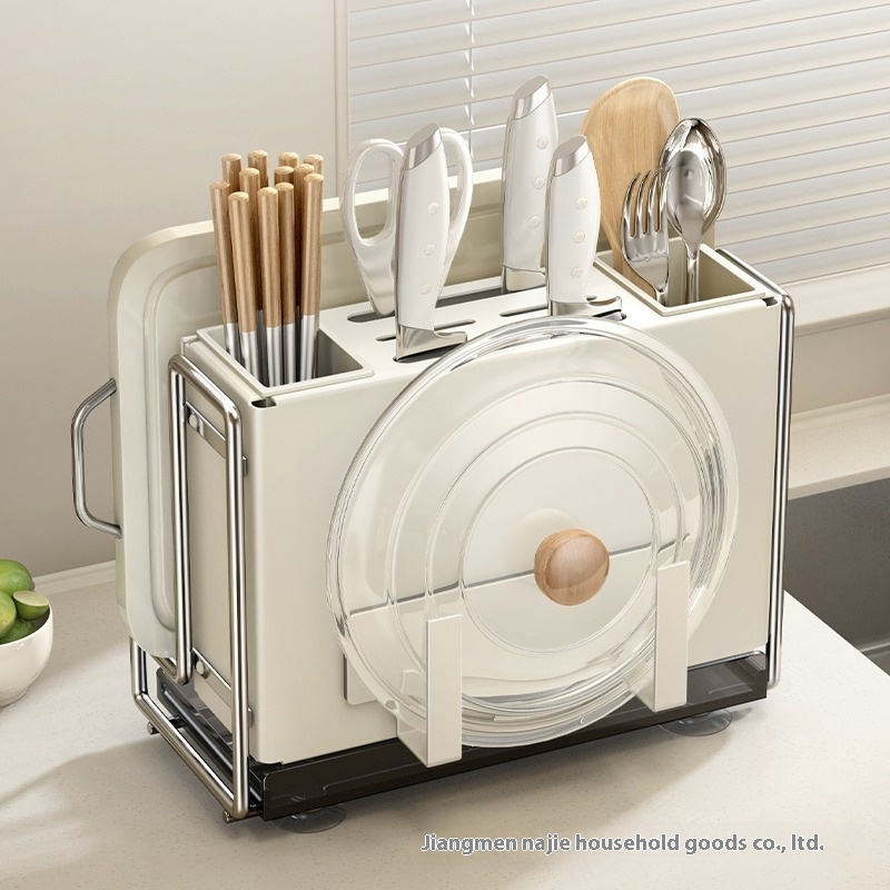 Cream Style Kitchen Knife Rack Storage Rack Household Multi-function Knife Chopstick Cage Rack Countertop Chopping Board Knife And Chopstick Storage Rack