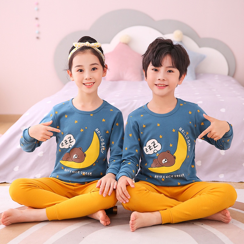 Style Children's Thermal Underwear Multi-color Cartoon Printed Cotton Material Autumn And Winter Style Boys And Girls Pajamas Two-piece Set