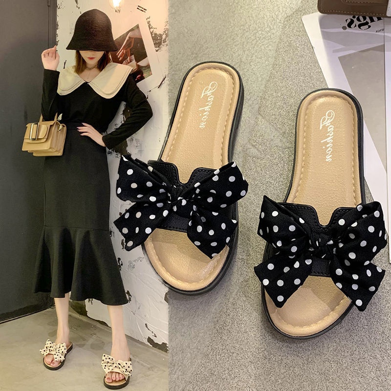 Bow Slippers For Women Summer Outdoor Beach Sandals With Flowers Douyin Dery Of Flat Shoes
