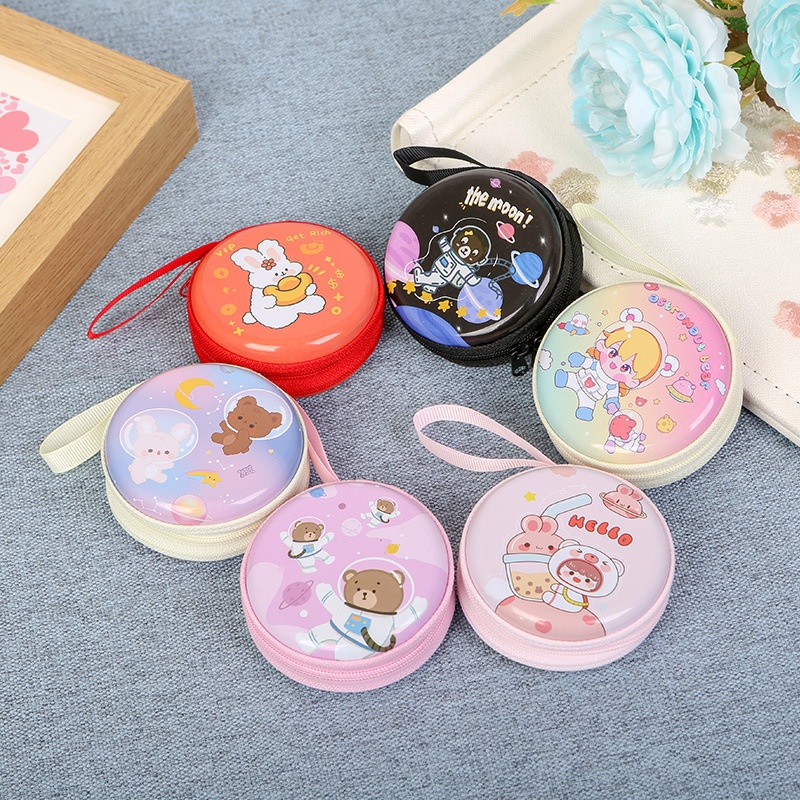 Children's Creative Cute Tinplate Coin Purse Cartoon Coin Purse Earphone Cable Round Zipper Storage Bag Small Gift