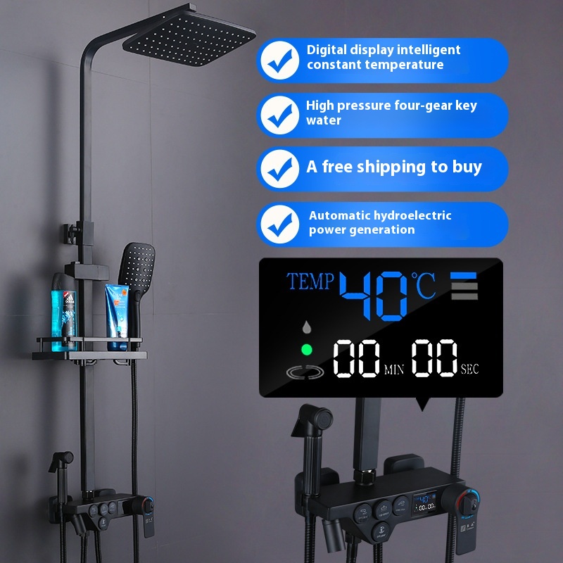 Anti-scalding Technology Simple Black All-copper Hot And Cold Constant Temperature Digital Display Shower Set Home Shower Booster Spray Gun