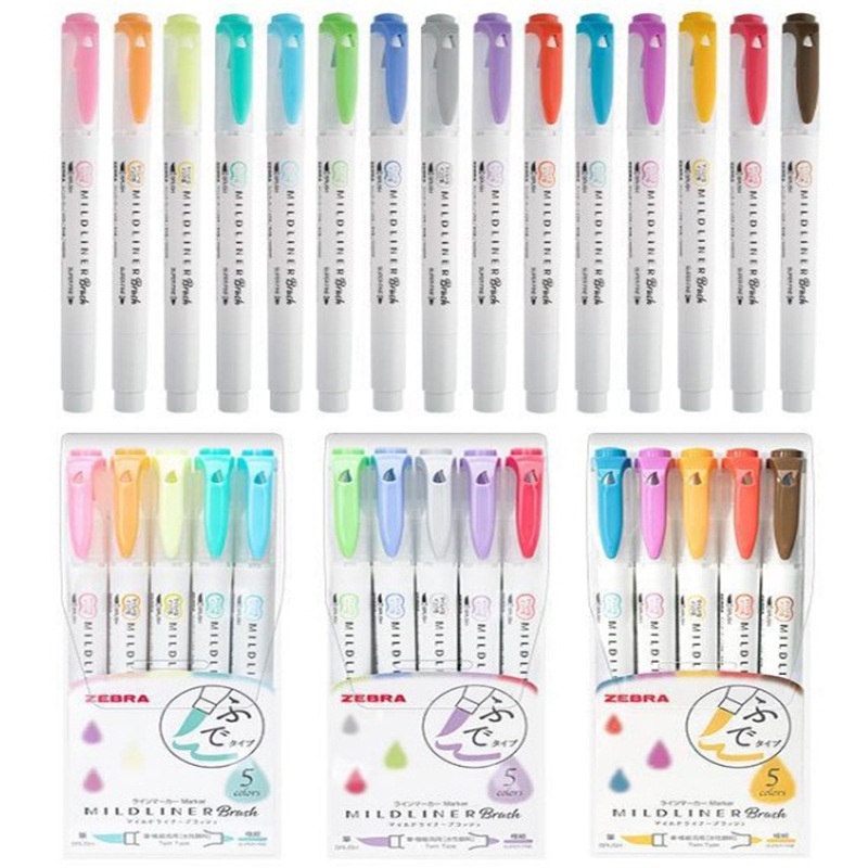 Japan ZEBRAZebra WFT8 MILDLINERDouble-headed Soft Brush+Fluorescent Pen Five-color Set