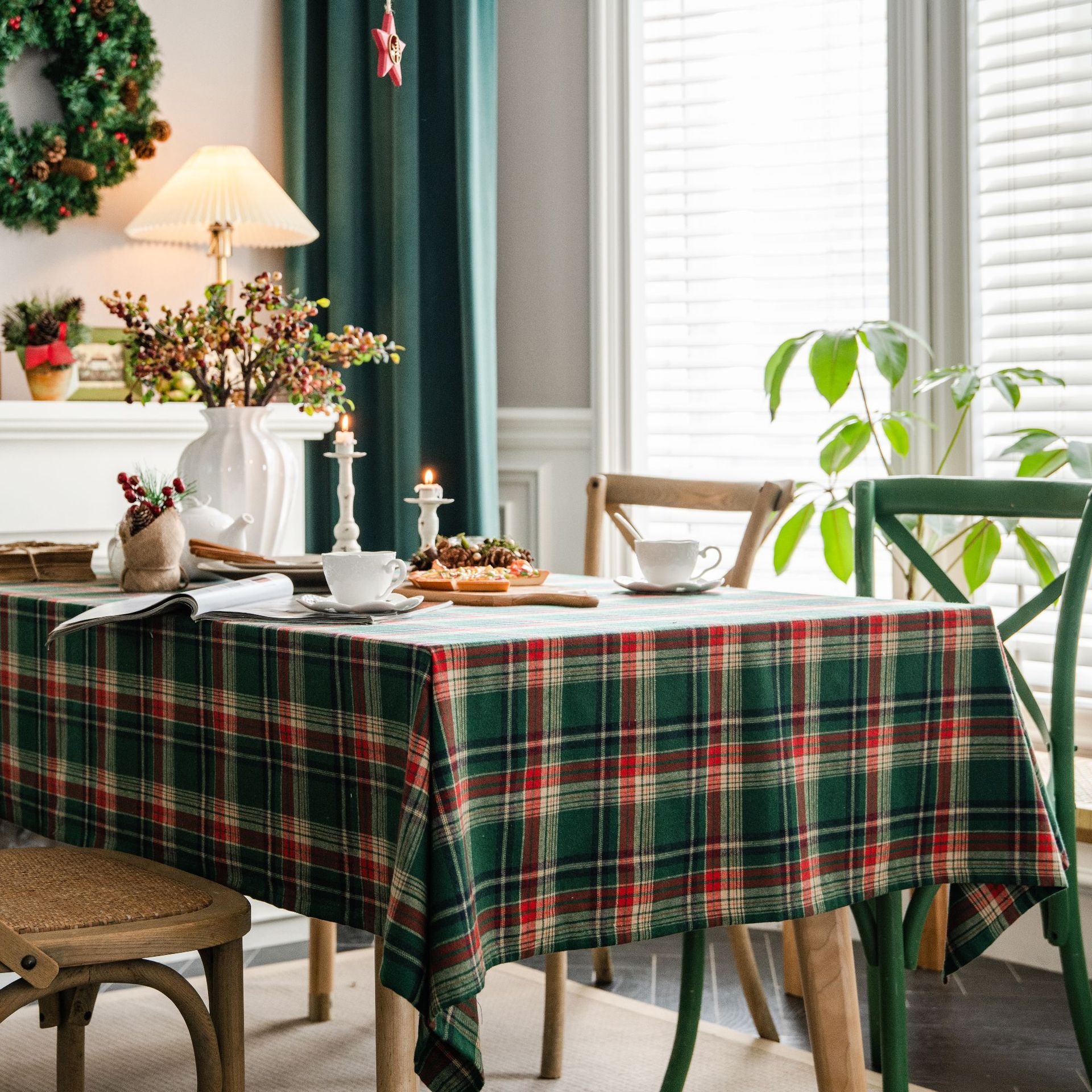 Yiman Qiyun Tablecloth Color-woven Green Plaid Christmas Tablecloth American-style Rectangular Fabric Direct