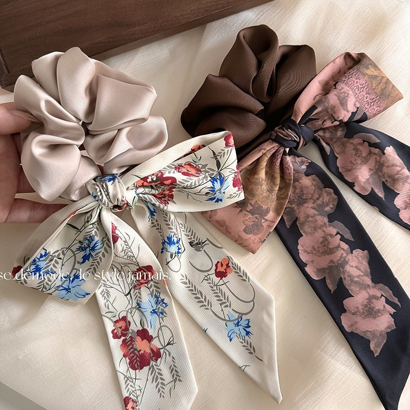 South Korea Dongdaemun Baket Printed Ribbon Bow Large Intestine Hair Ring Ponytail Headband Forest Style Small Fresh Hair Rope