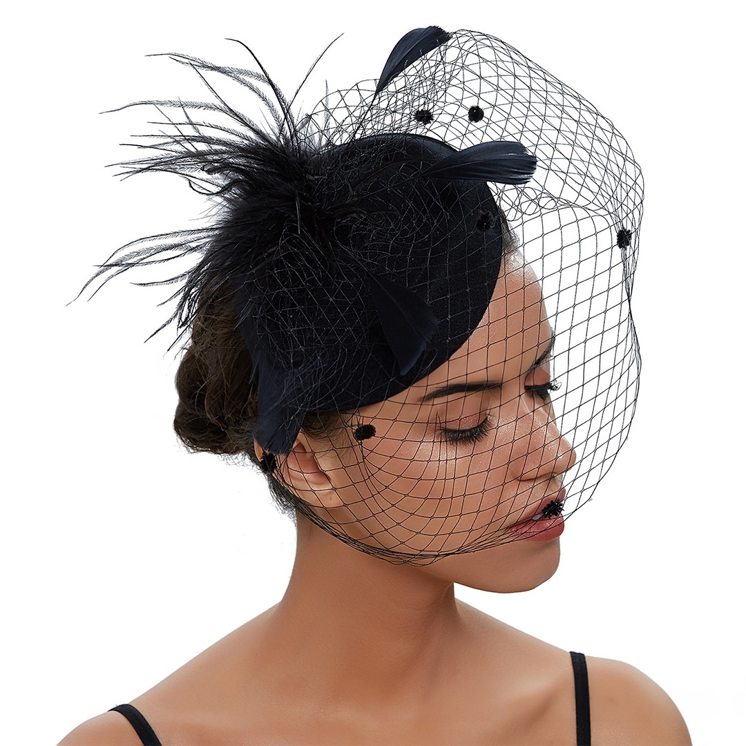 Fascinator Retro Bridal Mesh Headdress European And American Boutique Hair Accessories Veil Small Hat Feather Headband