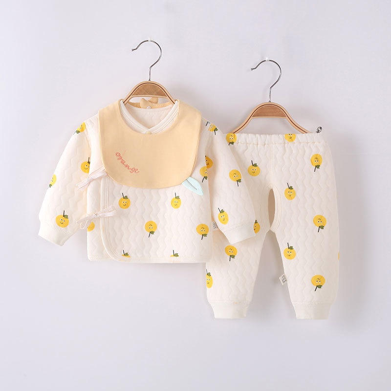 Style Baby Thermal Underwear Set Three-layer Thickened Baby Spring And Autumn Quilted Boneless Double-sided Monk Clothes