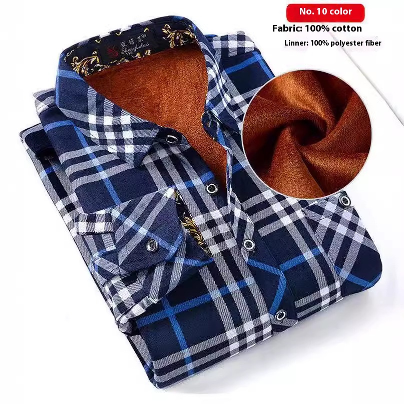 Agent Winter Men's Plus Velvet Thick Warm Cotton Plaid Shirt Long Sleeve Middle-aged Dad Casual Shirt