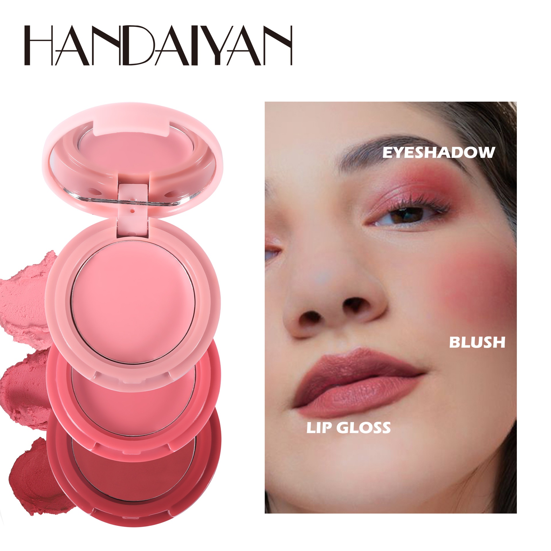 Three-color Blush Palette Folding Handaiyan Three-in-one Contouring Eye Shadow Integrated Multi-color Blush Cream Lip Mud