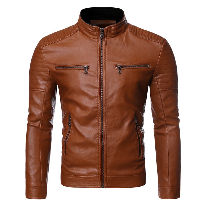 Spring And Autumn Thin Men's Stand Collar Striped Double Zipper PULeather Jacket Large Size Motorcycle Leather Jacket