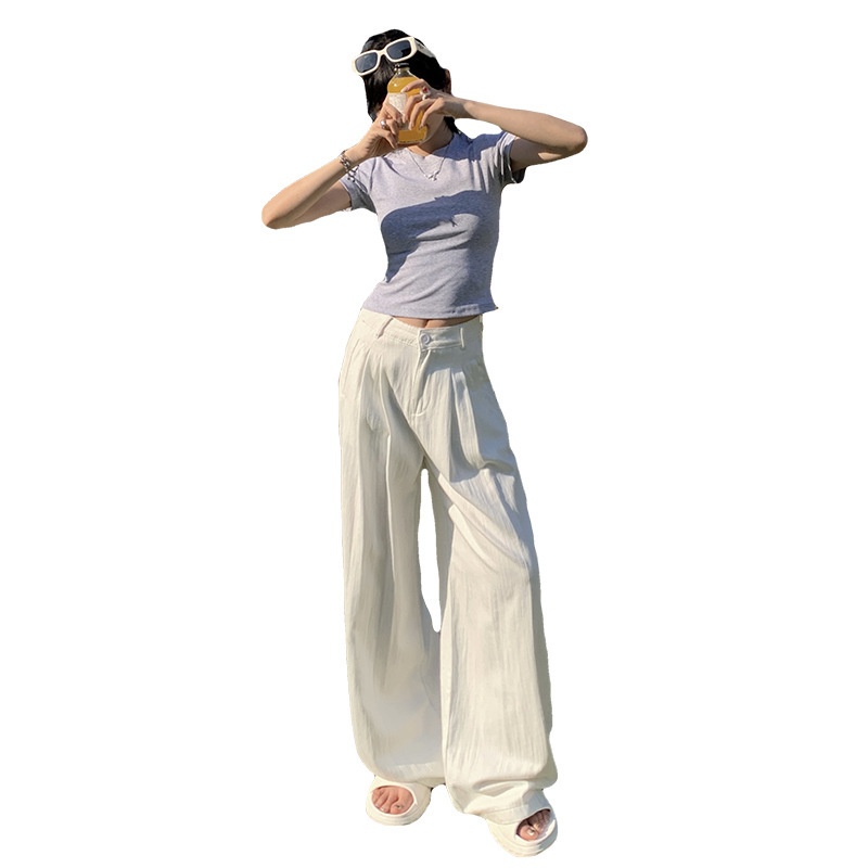 FSH-JEANSAmerican Retro Loose Wide-leg Pants White Drape Breathable All-match Straight Jeans Women&Trousers