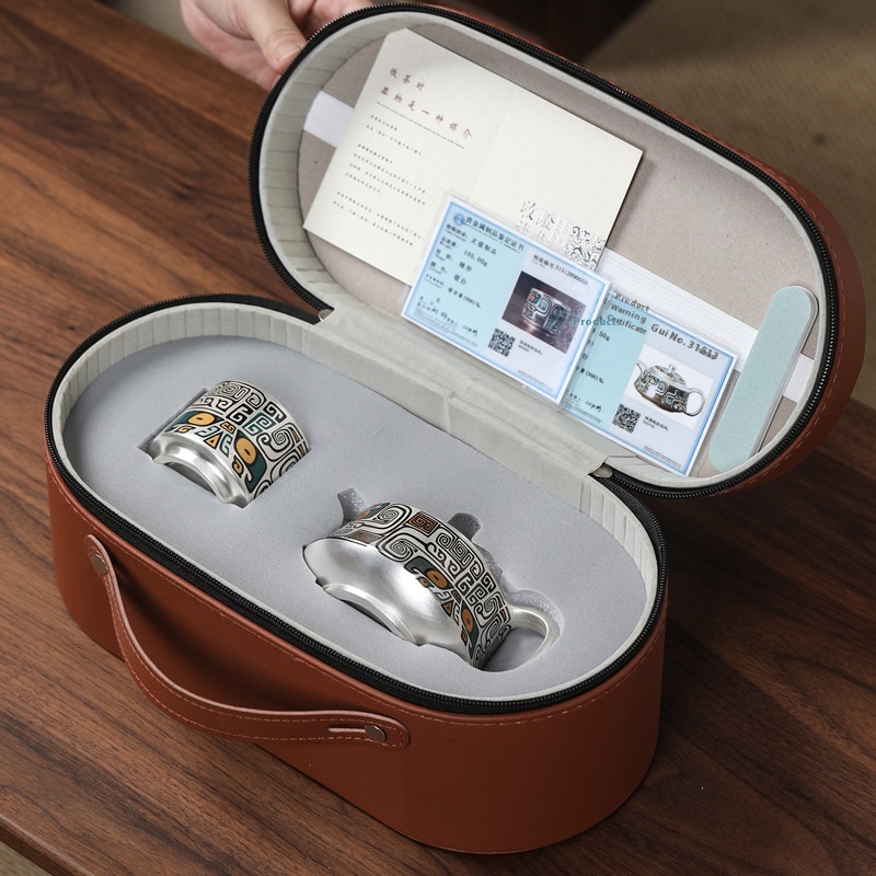 999 Sterling Silver Pot And Cup Ceramic Gold And Silver Pattern Office Portable Travel Kung Fu Tea Set