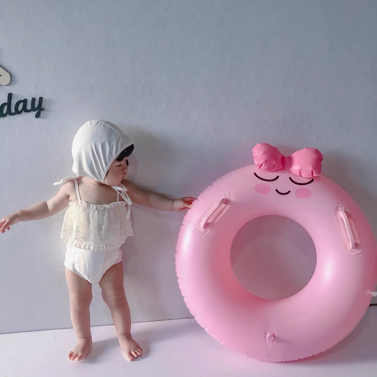 Basha Sequin Peach Shape Swimming Ring Inflatable Pvc Armpit Pink Smiley Face Bow Swimming Ring