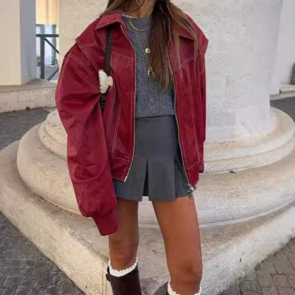 Fashionable Loose-Fit Turn-Down Collar Long-Sleeve Vintage American-Style Zipper Jacket