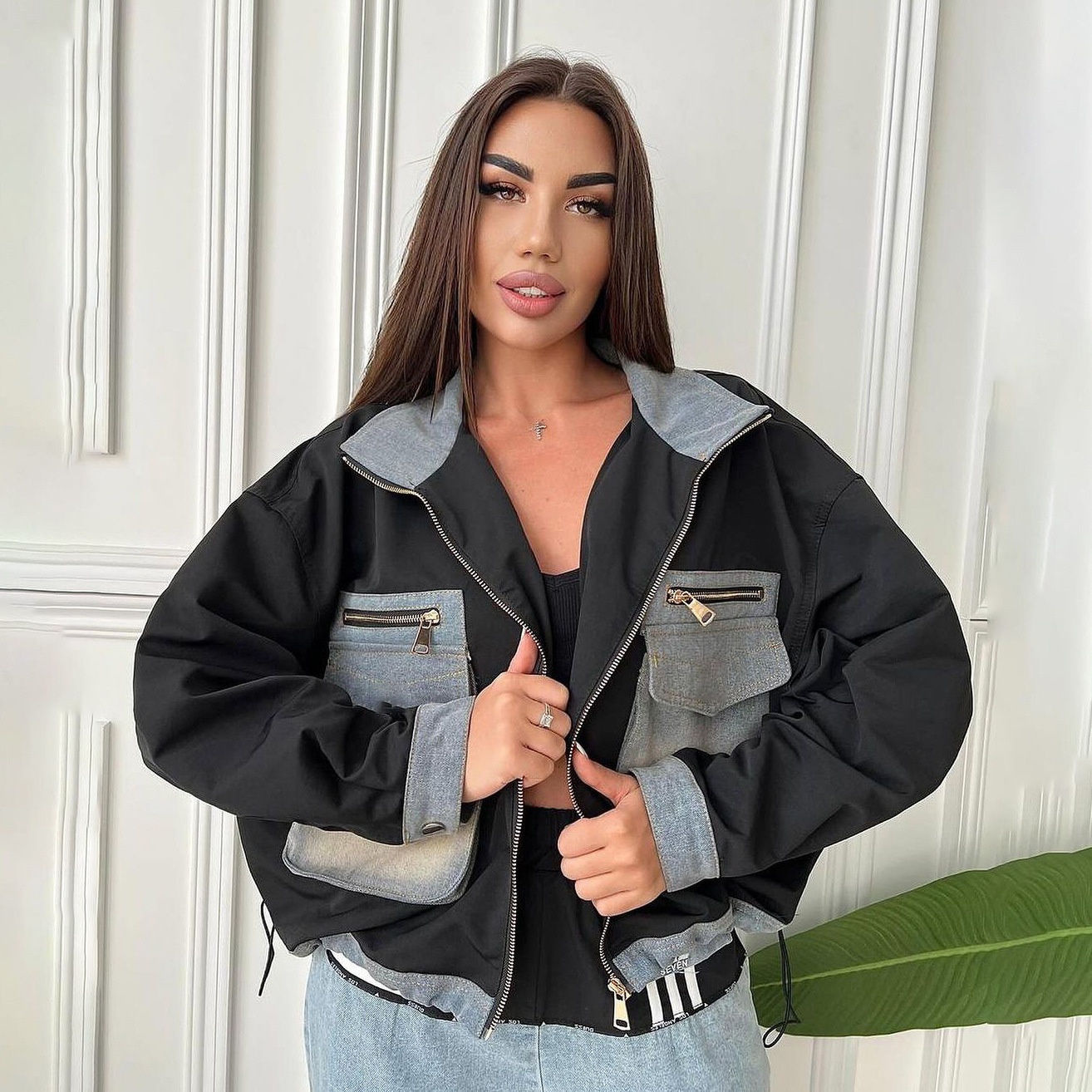 Contrasting Color Denim Patchwork Jacket:Women's Loose-Fit Casual Workwear-Style Baseball Cardigan For Autumn