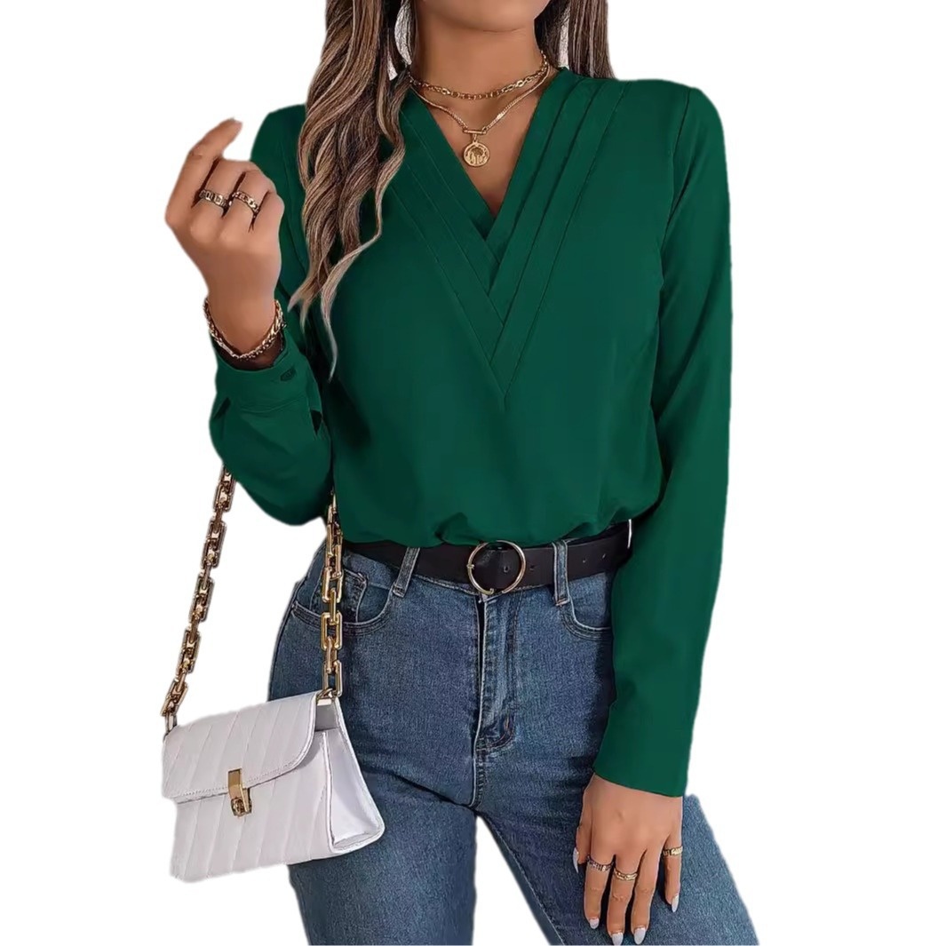 Elegant Solid Color Layered V-neck Long-sleeved Shirt