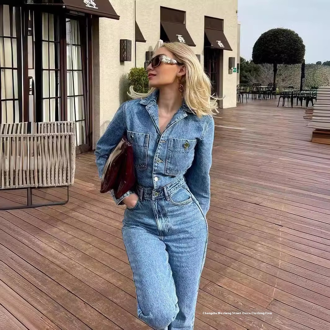 European And American Blazer-Style Denim Jumpsuit:Straight-Leg Long Pants With Pocket Details And Cinched Waist