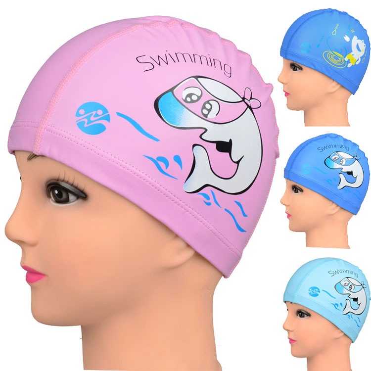 Cartoon Print Baby Children PUSwimming Cap For Boys And Girls Waterproof Coating No Head Tight Cartoon Swimming Cap