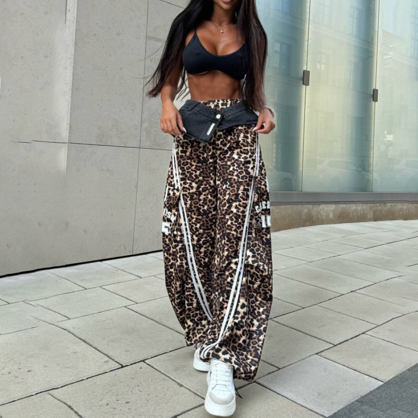 Denim Stitching Leopard Print Casual Pants European And American Street Fashionable Striped Wide-leg Pants High Waist Loose Casual Slim Trousers