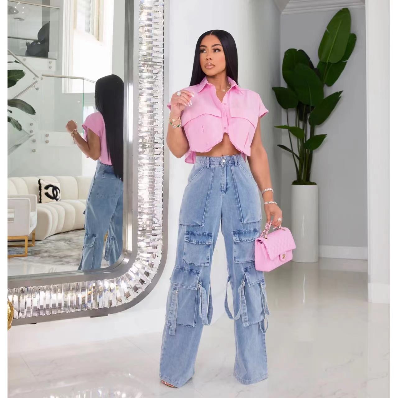 Solid Color Polo Collar Shirt:Loose-Fit Single-Breasted Cardigan With Large Pocket And Asymmetrical Patchwork Design For Summer