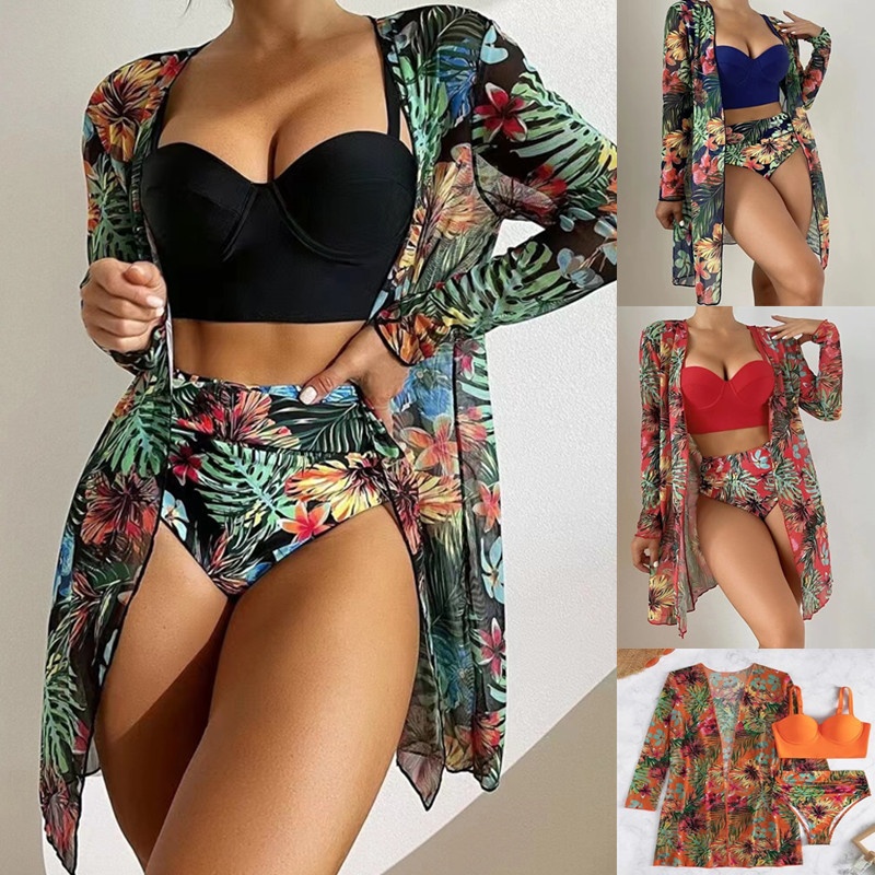 European And American Bikini Mesh Three-piece Set Gathered Sexy Split Printed Swimsuit For Women