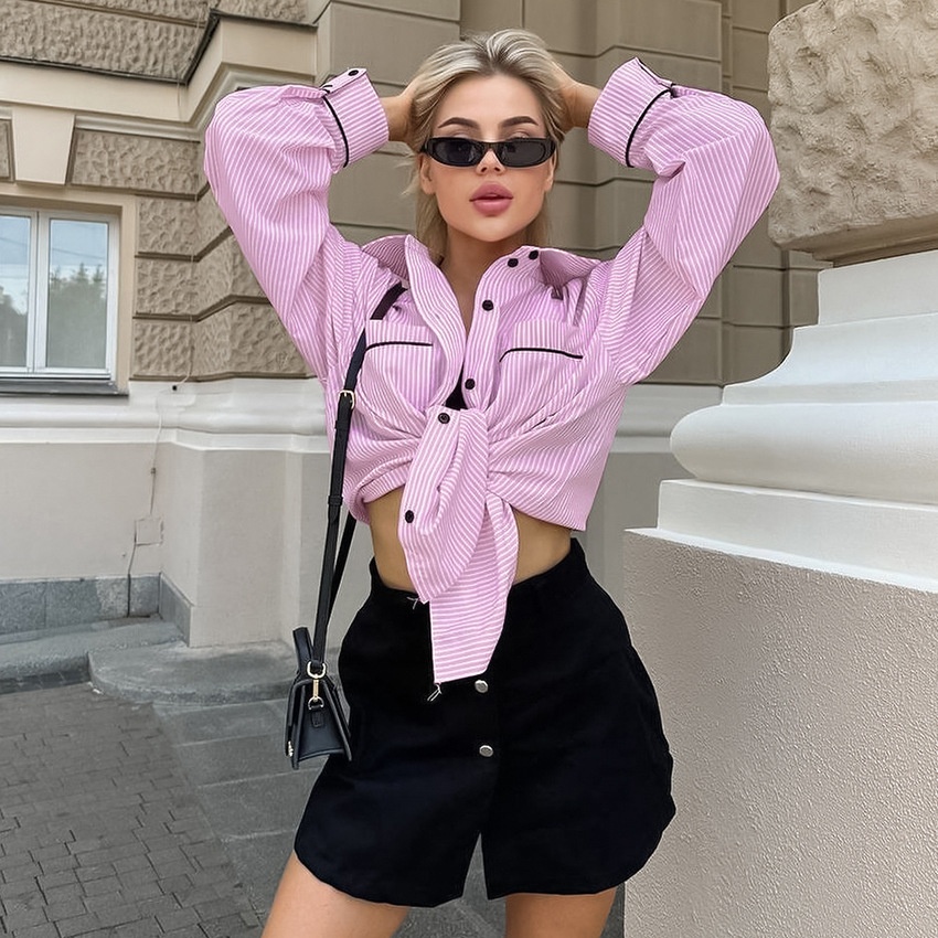 Contrast Color French Striped Shirt Women Simple And Fashionable Outerwear Medium And Long Loose Casual Tops Women's Clothing