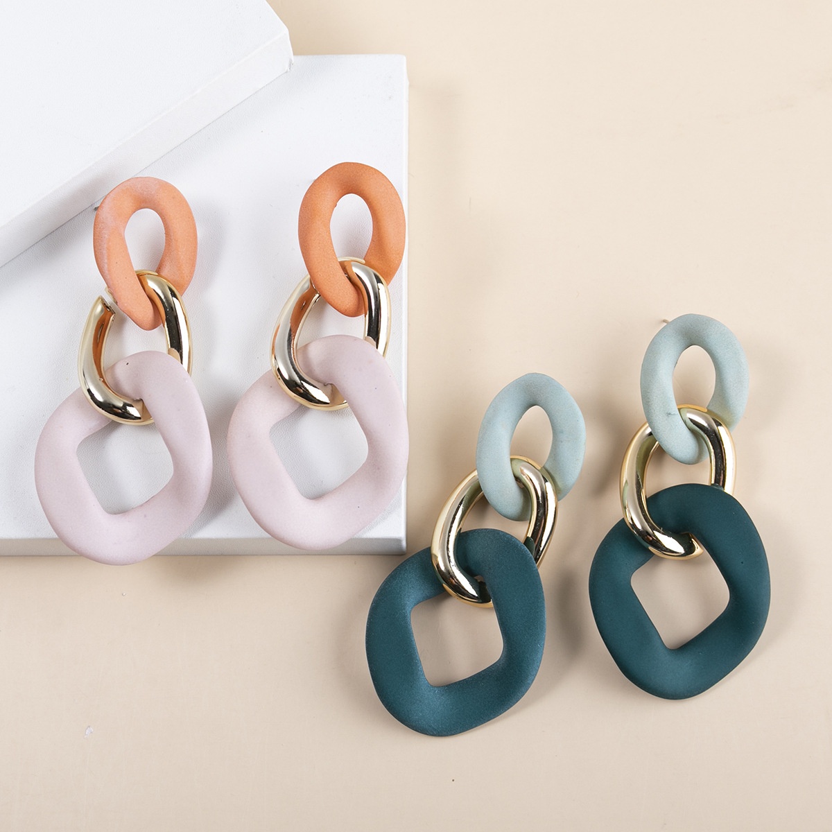 Retro Hong Kong Style Chain Resin Color Matching Earrings Female