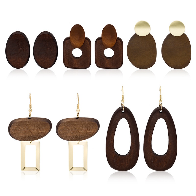 European And American Retro Geometric Wood Earrings Exaggerated Water Drop Fashion Hollow Wooden Bohemian Style Earrings