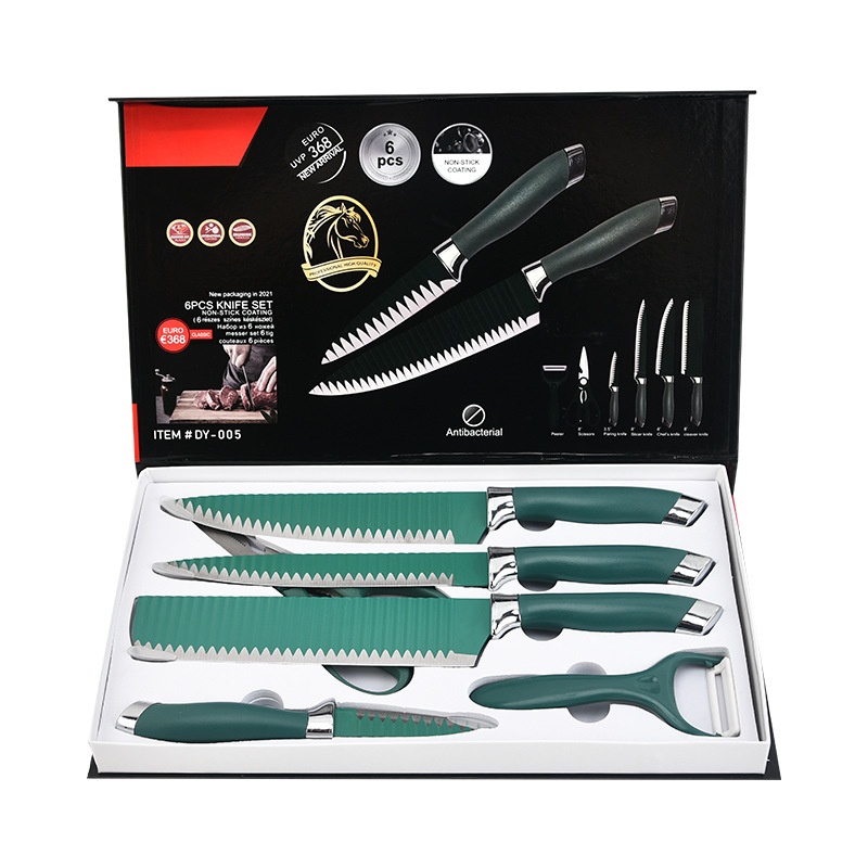 Yangjiang Kitchen Knife Stainless Steel Spray Paint Knife Green Wave Pattern Double Electroplating Head Six-piece Knife Set Ladies Knife