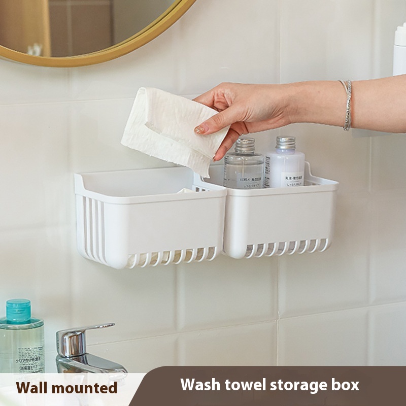 Wall-mounted Face Towel Storage Box Punch-free Bathroom Storage Basket Household Facial Cleanser Cleansing Water Drain Storage Basket
