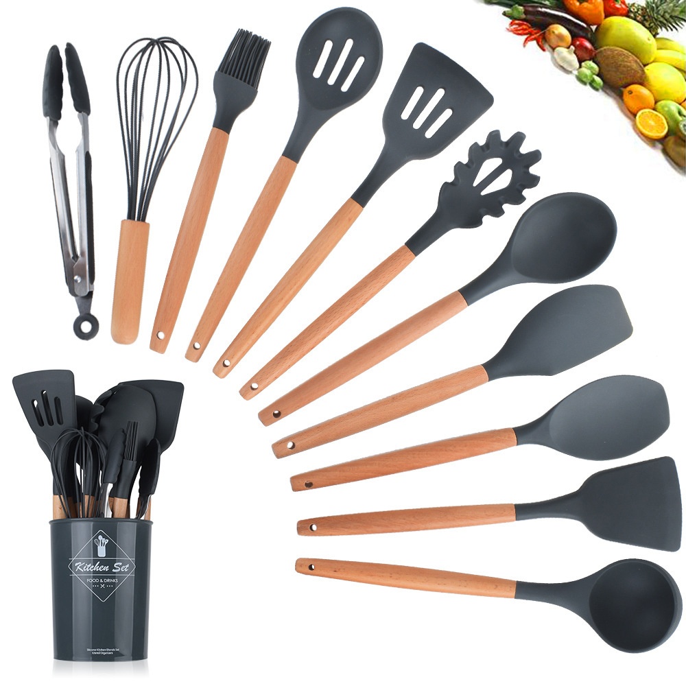 Wooden Handle Silicone Kitchenware11-piece Set Nine-piece Kitchen Tool Shovel Spoon Set
