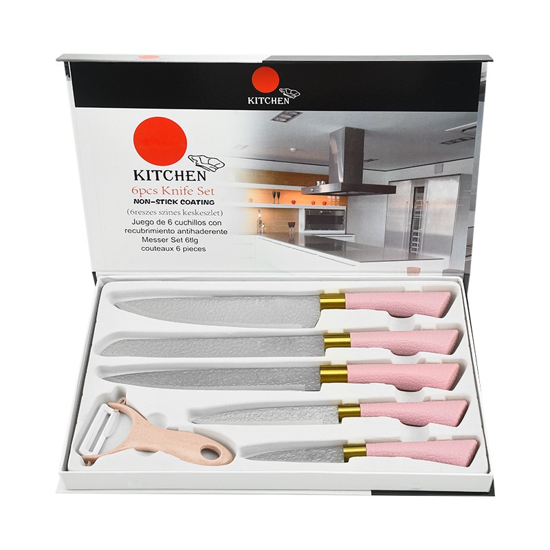 Yangjiang Stainless Steel Spray-painted Knife Pink Horseshoe Handle Hammer Pattern Six-piece Knife Set Ladies Kitchen Knife