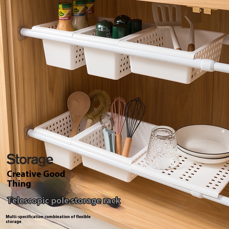 Japanese Style Punch-free Telescopic Rod Rack Storage Basket Kitchen Floor Cabinet Sink Wardrobe Layered Multifunctional Storage Rack
