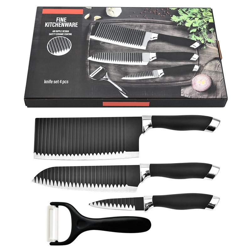 Yangjiang Kitchen Knife Stainless Steel Spray Paint Knife Black Double Electroplating Head Wave Pattern Four-piece Knife Set With Large Kitchen Knife