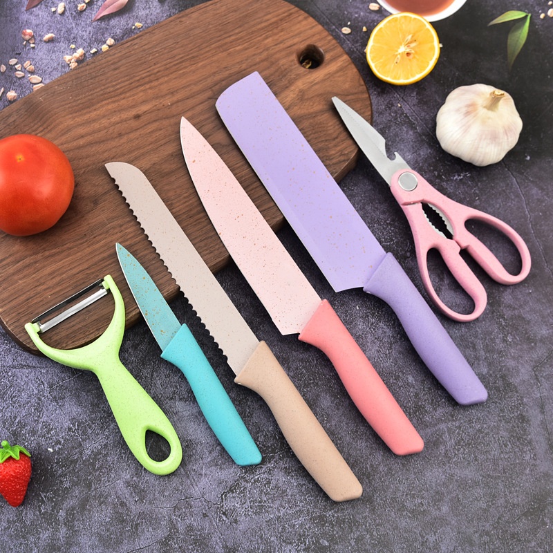 Yangjiang Kitchen Knife Stainless Steel Spray Paint Knife Macaron Color Straw Six-piece Knife Set