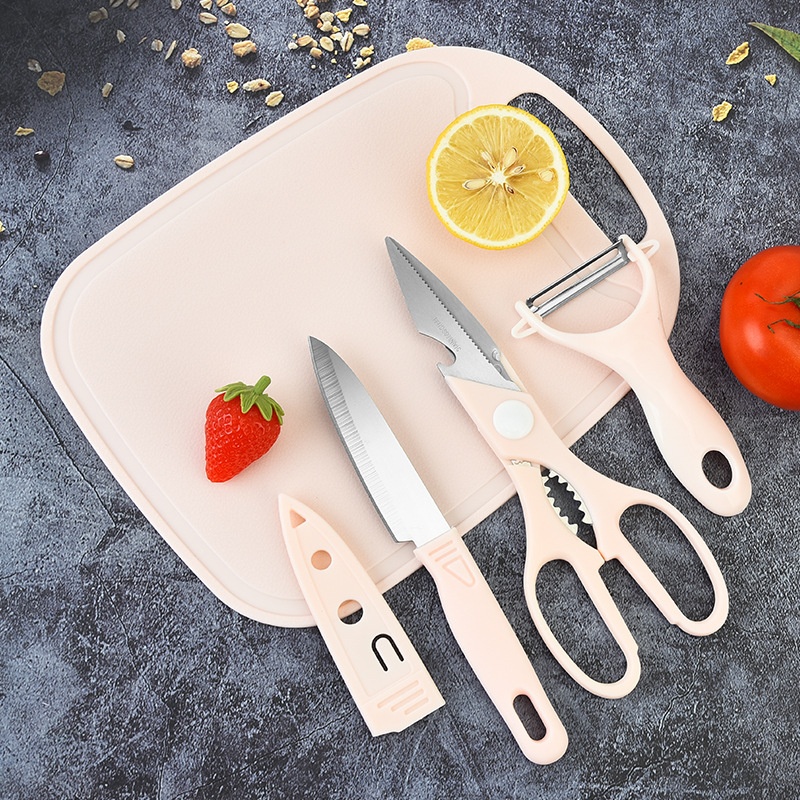 Stainless Steel Fruit Knife And Scissors Four-piece Set Cutting Board Baby Food Supplement Portable Mini Knife Gift Set