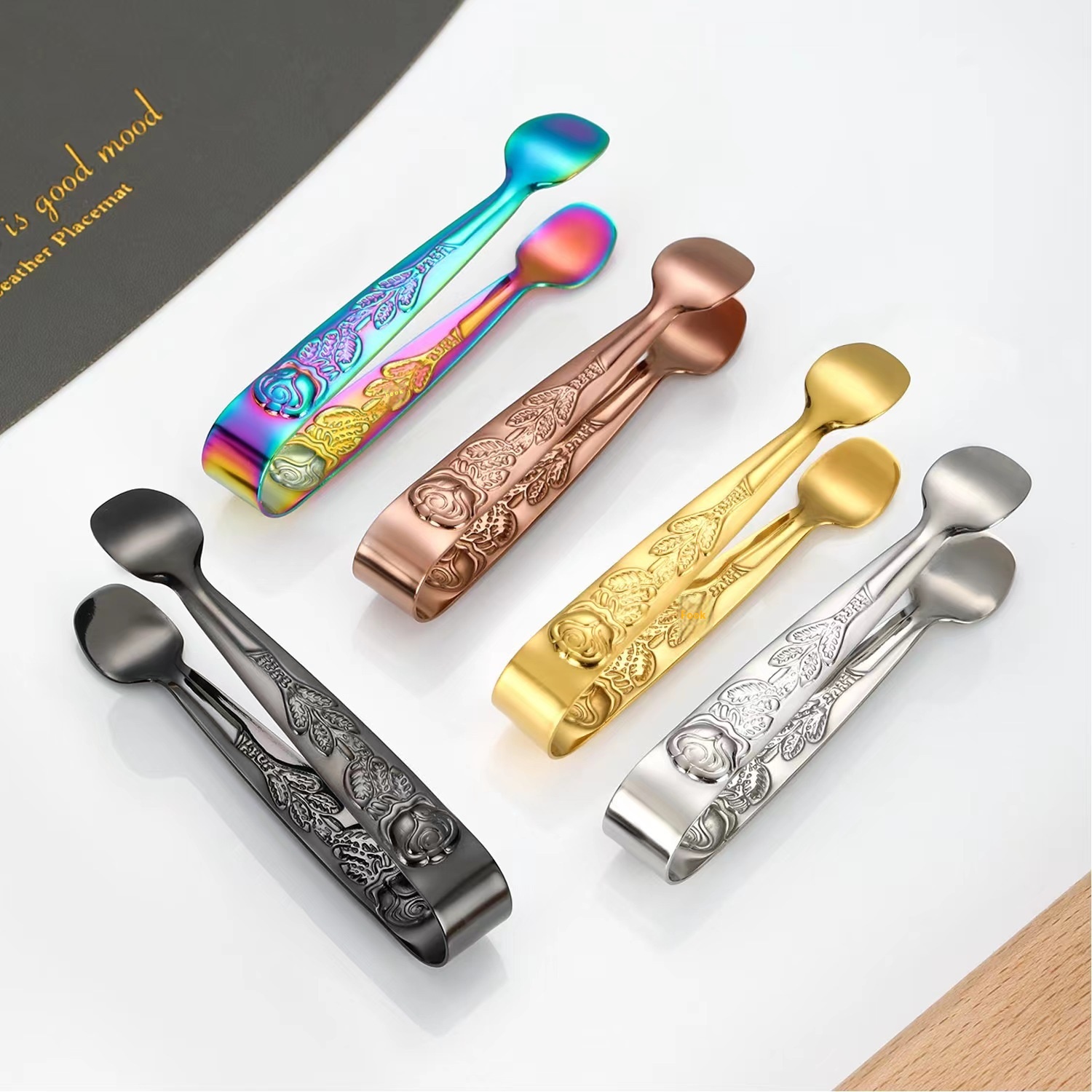 304 Stainless Steel Rose Pattern Small Clip Sugar Cube Clip Bar Ice Bucket Ice Tongs Thickened Ice Clip
