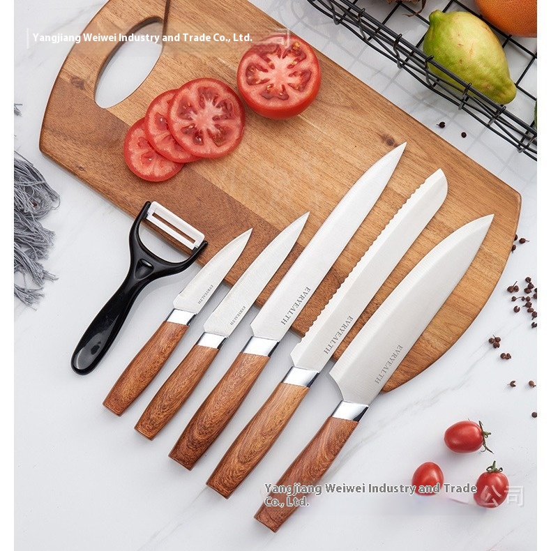 Foreign Trade Stainless Steel Wood Grain Handle Kitchen Six-piece Knife Set Kitchen Knife Fruit Knife Combination Pack