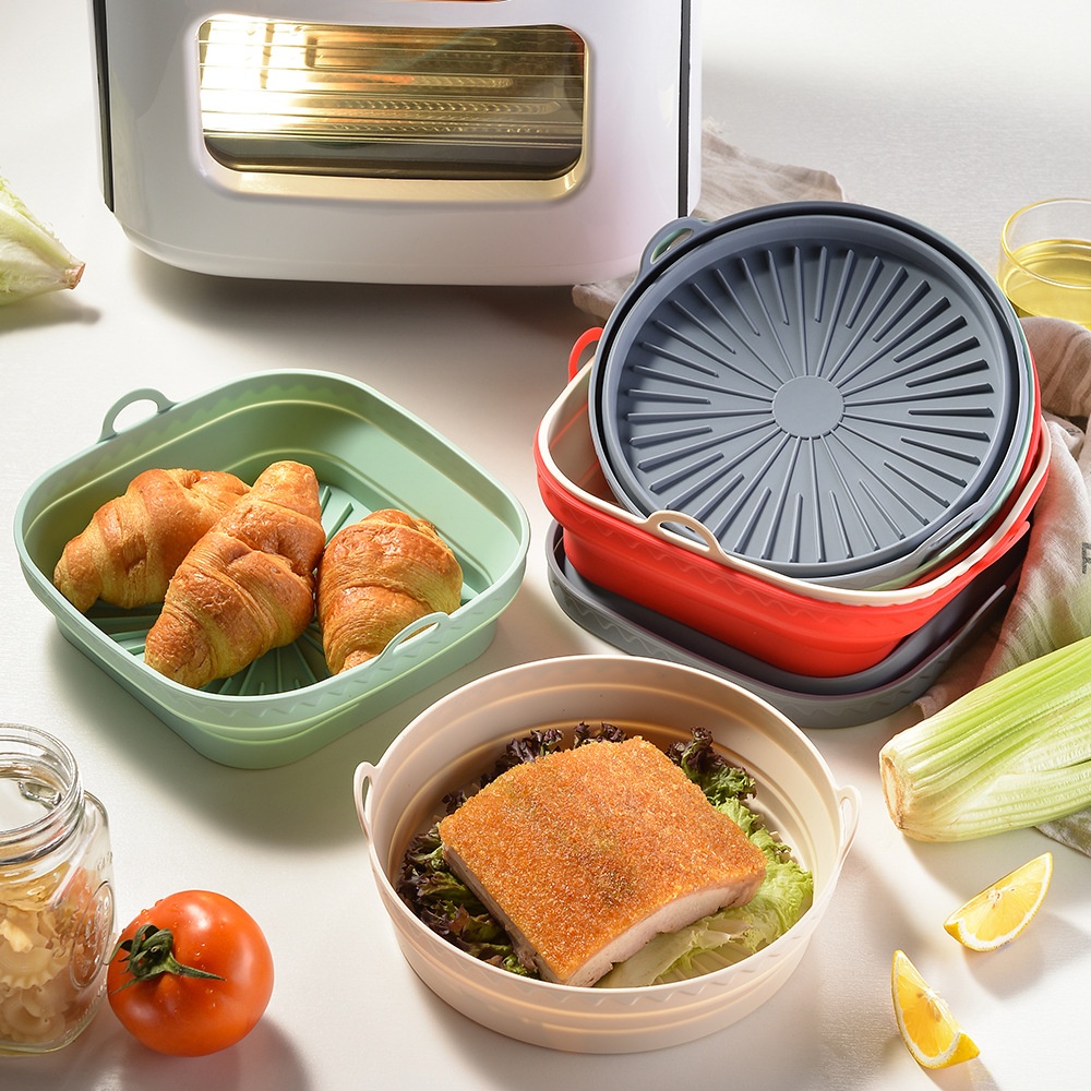 Round Foldable Air Fryer Basket Food Grade Air Fryer Mat Household Square Folding Silicone Baking Tray