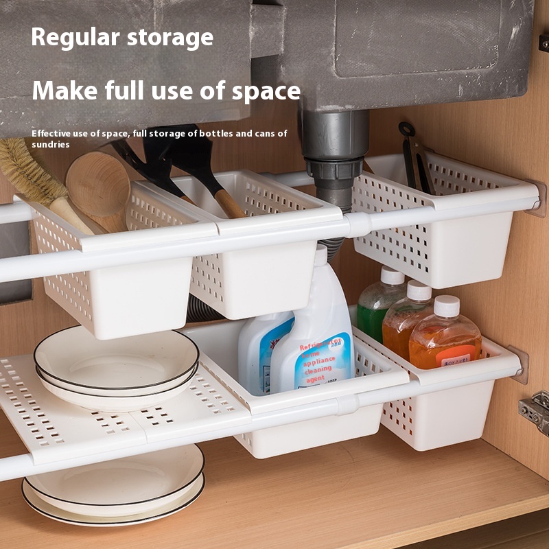 Japanese Style Under Sink Punch-free Telescopic Rod Storage Rack Kitchen Hanging Rod Seasoning Rack Cabinet Plastic Storage Basket
