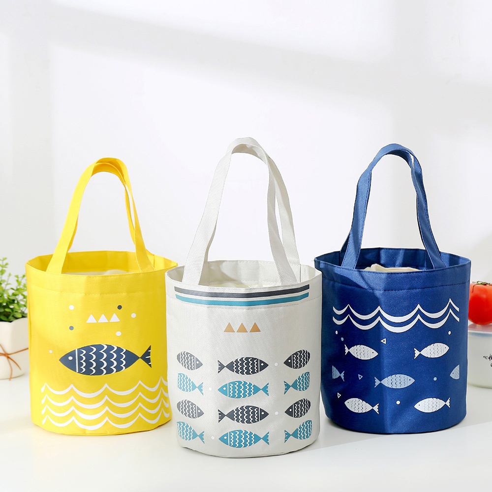 Portable Drawstring Lunch Bag Large Capacity Fresh-keeping Refrigerated Lunch Box Bag Round Barrel Aluminum Foil Thickulation Bag