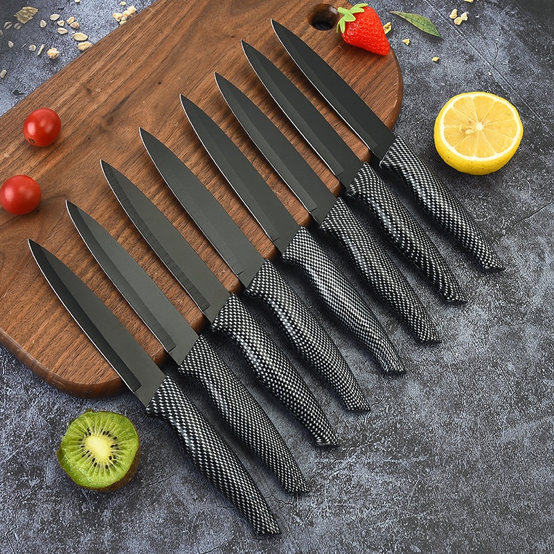 Yangjiang Kitchen Tools Spray Paint Knife Dovetail Grid Covered Handle Multi-purpose Knife With Knife Sheath Display Box Knife Set